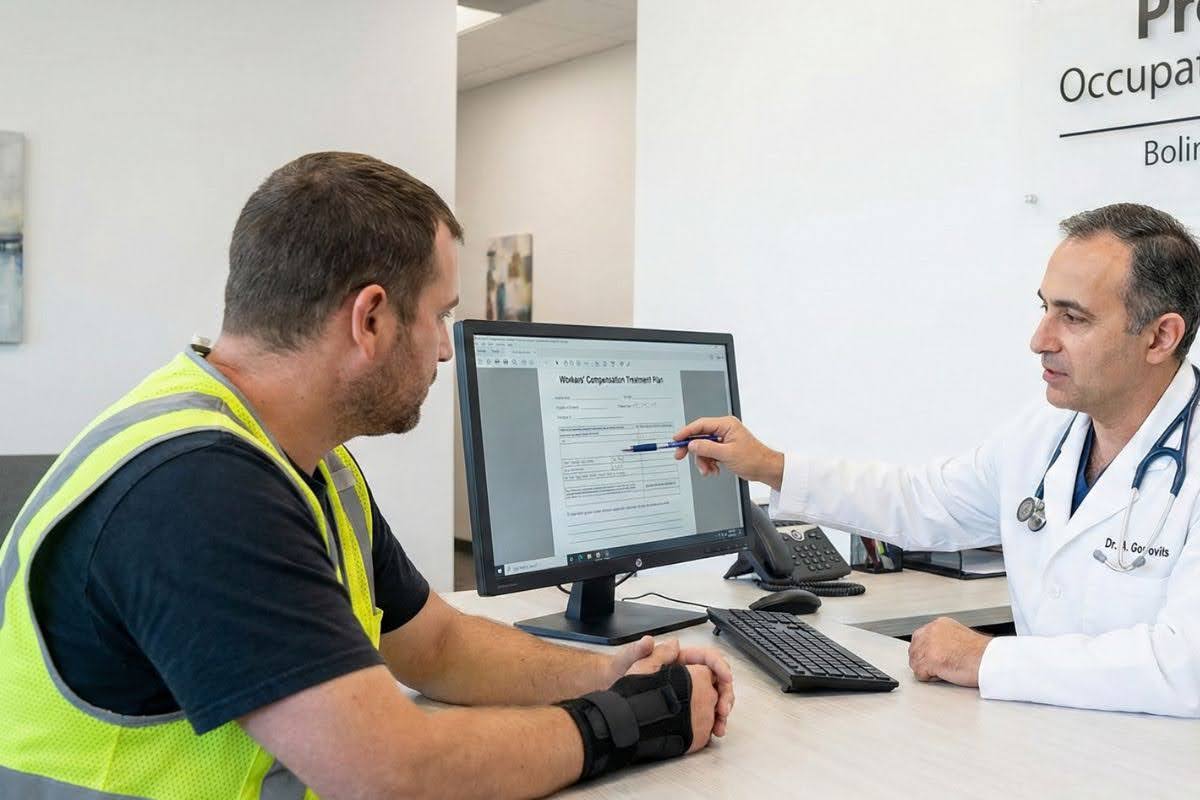 Board-certified physician at Premier Occupational Health reviewing a workers' compensation treatment plan and medical restrictions for an injured employee in Bolingbrook.